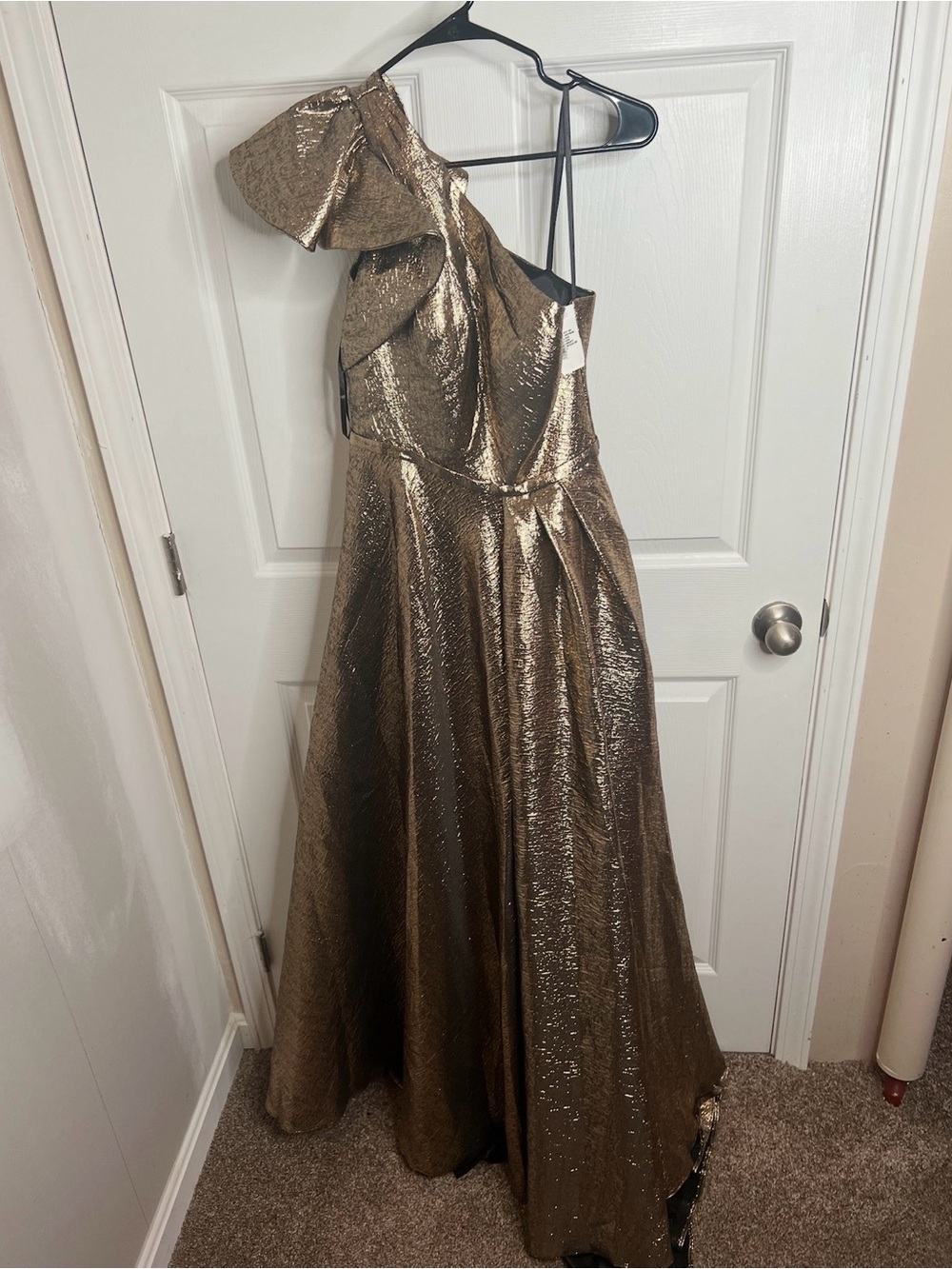 Mac Duggal One-Shoulder Metallic Bronze-Gold Evening Gown - Picture 4 of 5